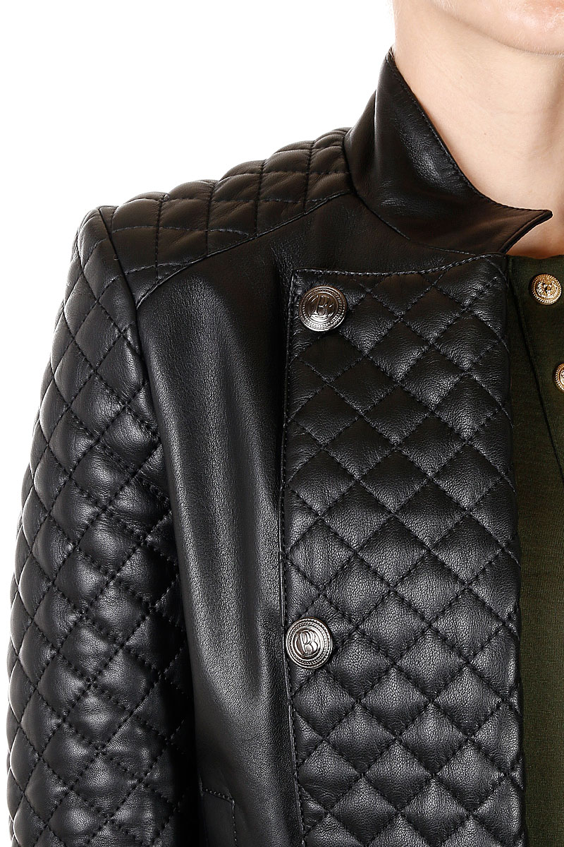 PIERRE BALMAIN Women Leather Jacket Black Coat Buttons details Long