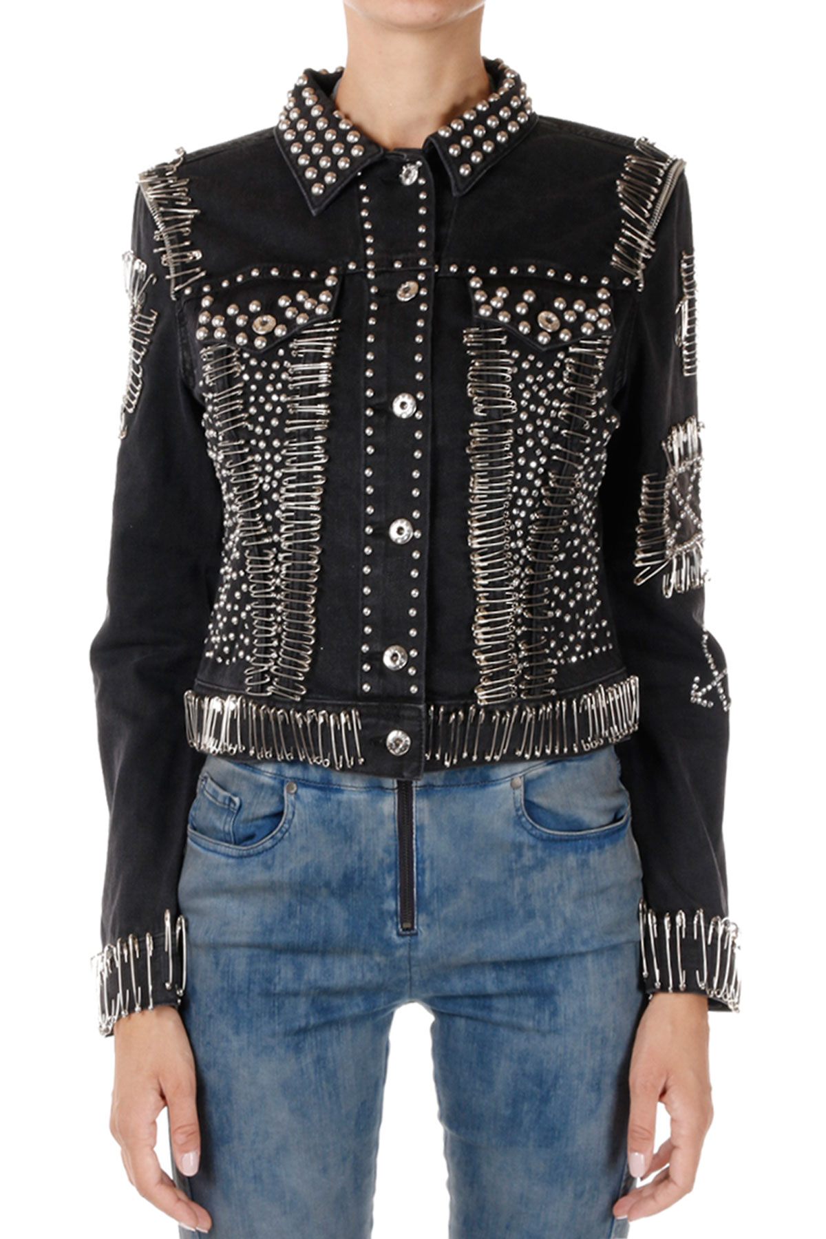 DIESEL New Woman Black Denim stretch Brooches Studded Strass Jacket